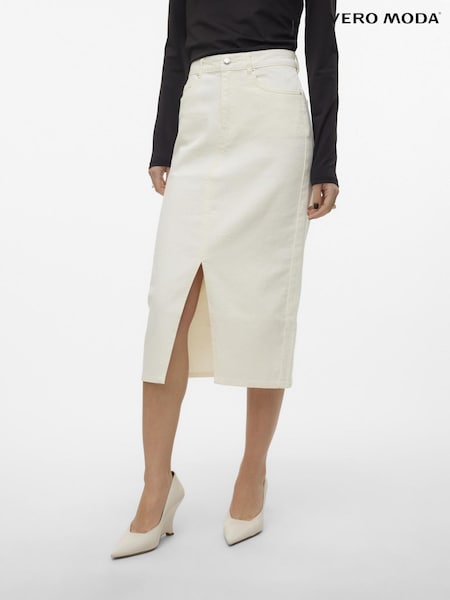 VERO MODA White Denim Midi Skirt with Front Split (B55089) | €28