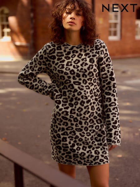 Neutraali - Leopard Animal Print Long Sleeve Short Knitted Shift Jumper Dress (B55144) | €35