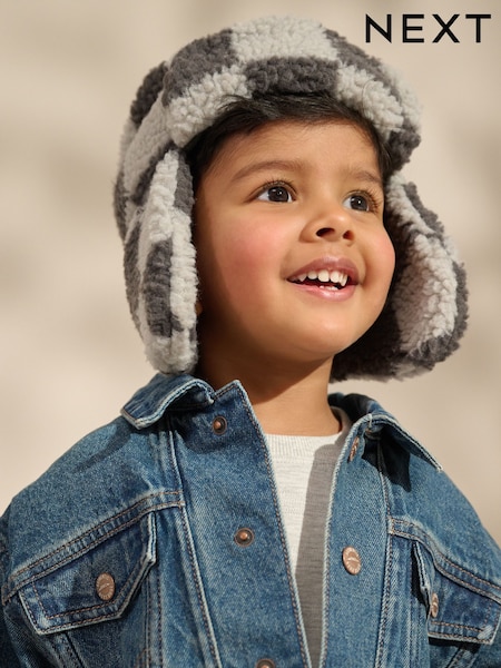 Check Grey/Ecru Borg Trapper Hat (3mths-10yrs) (B55396) | €5.50 - €6