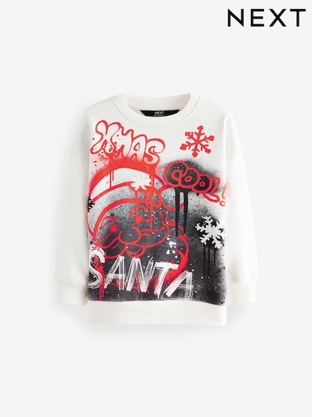 White Graffiti Christmas Graphic Crew Neck 100% Cotton Sweatshirt (3-16yrs) (B55425) | AED45 - AED61