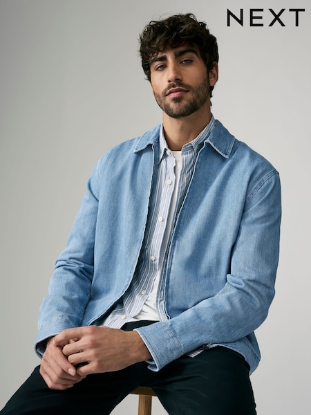 Light Blue Denim Zip Through 100% Cotton Shacket (B55469) | kr780