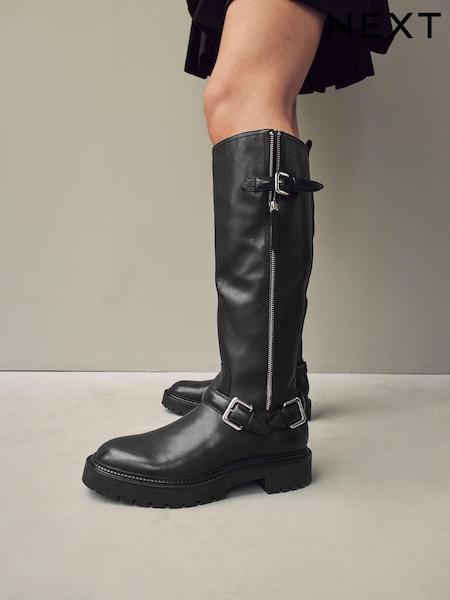 Black Leather Forever Comfort® Knee High Buckled Biker Boots (B55508) | AED272