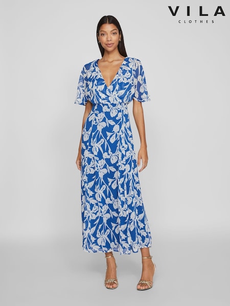 VILA Blue Angel Sleeve Midi Occasion Dress (B55554) | €49
