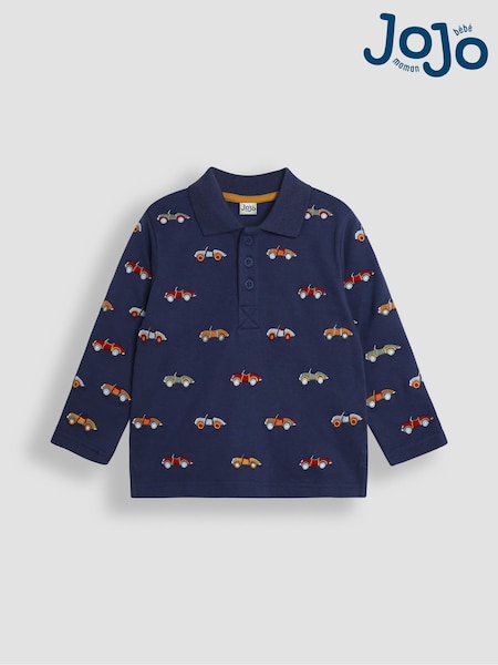 JoJo Maman Bébé Indigo Blue Classic Car Long Sleeve Embroidered Polo Shirt (B55747) | €32