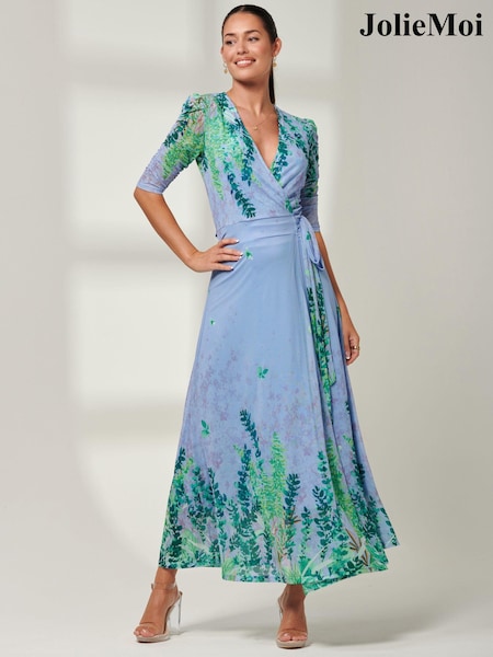 Jolie Moi Light Blue Kinley Print Wrap Mesh Maxi Dress (B55759) | 391 QAR
