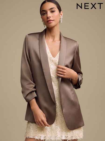 Khaki zelená - Satin Relaxed Ruched Sleeve Blazer (B55777) | €61