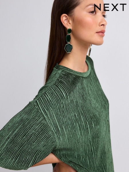 Olive Green Plisse Velvet T-Shirt (B55803) | AED81