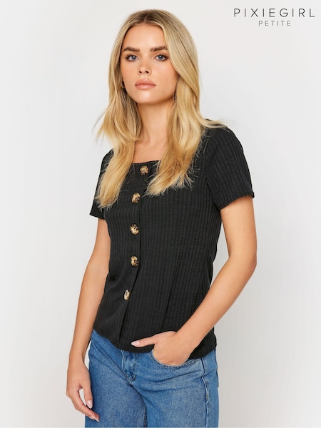 PixieGirl Petite Black Ribbed Button Detail T-Shirt (B55909) | €28