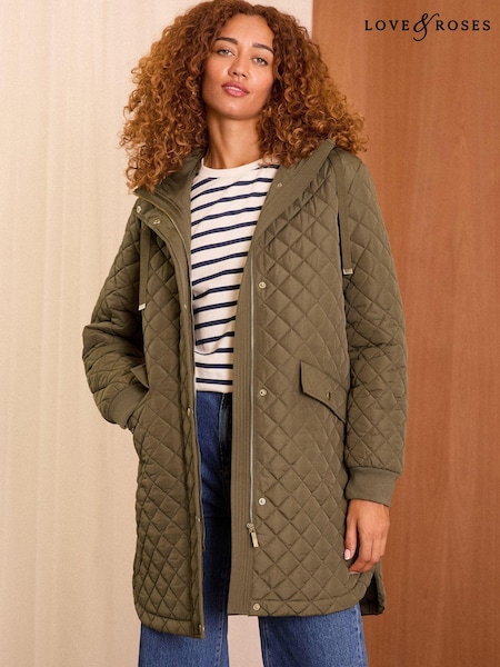 Love & Roses Shower Resistant Hooded Quilted Coat (B55929) | 288 LEI