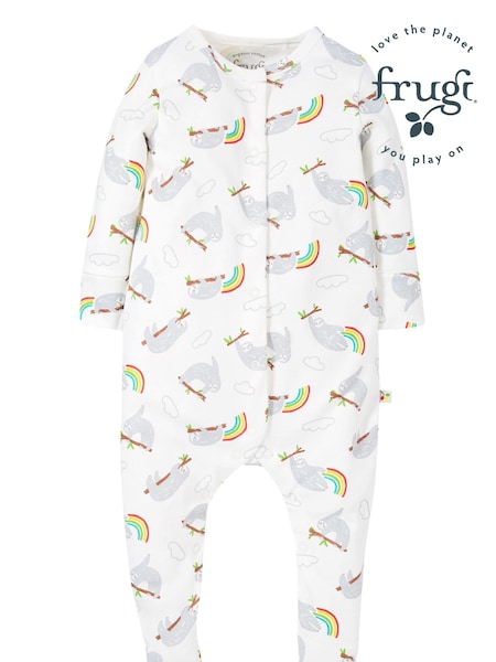 Frugi White Sloth Print Footed Sleepsuit (B55937) | AED64