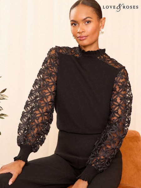 Love & Roses Fine Gauge Woven Mix Flute Sleeve Jumper (B56029) | 175 LEI