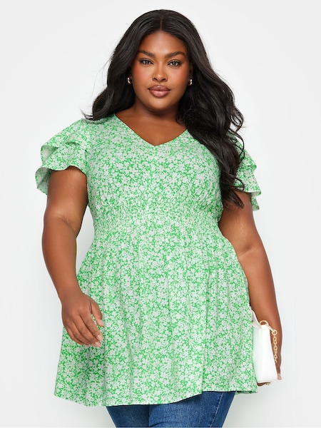 Yours Curve Green Ditsy Print Flutter Sleeve Peplum Top (B56087) | €39