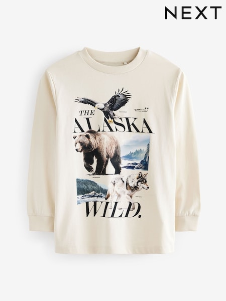 Ecru White Animals Long Sleeve Graphic 100% Cotton T-Shirt (3-16yrs) (B56127) | AED10 - AED13