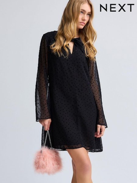 Черный в горошек горошек - Bow Neck Detail Long Sleeve Mini Dress (B56257) | €24