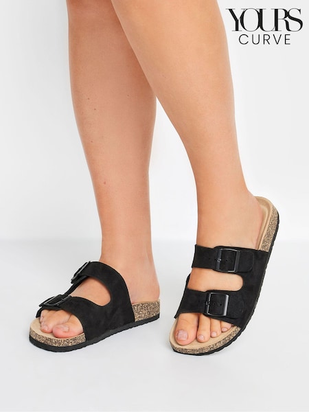 Yours Curve Black Faux Suede Buckle Strap Footbed Sandals In Extra Wide EEE Fit (B56272) | €31