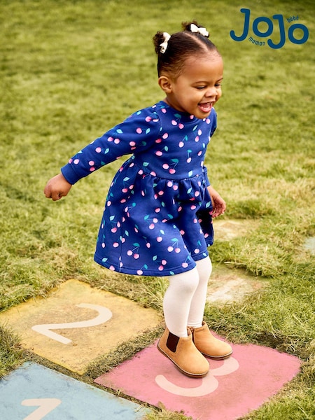JoJo Maman Bébé Navy Blue Cherry Button Sweat Dress (B56283) | €13.50