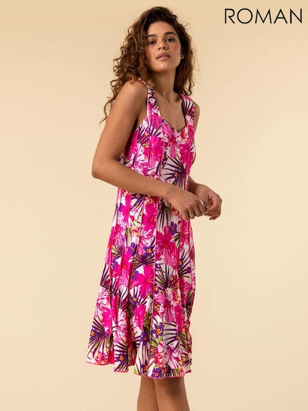 Roman Pink Tropical Floral Stretch Panel Dress (B56364) | R$ 510
