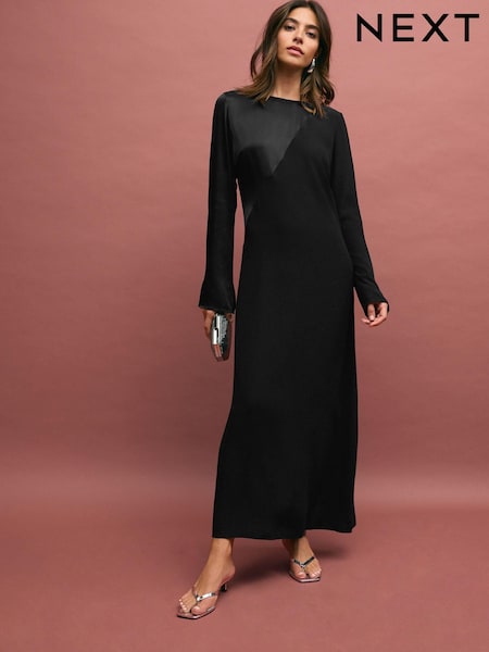 Черный - Long Sleeve Satin Mix Column Midi Dress (B56409) | €25