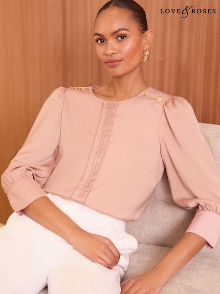 Roz - Love & Roses Satin Pintuck Guler rotund Button Detail Mânecă lungă Bluze (B56441) | 136 LEI