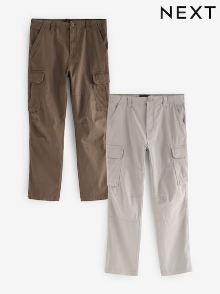 Light Stone/Mushroom Brown Straight Fit Cotton Rich Stretch Cargo Trousers 2 Pack (B56463) | €16