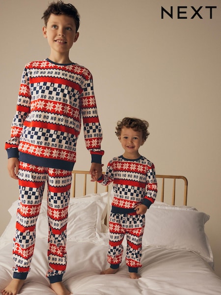 Red/Navy Blue Matching Family Kids Christmas Ho Ho Ho Fairisle Pattern 100% Cotton Pyjamas (9mths-16yrs) (B56486) | €11 - €18
