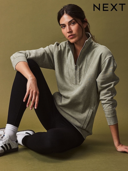 Sage Green Relaxed Fit Washed Longline Zip Neck Sweatshirt (B56609) | €14