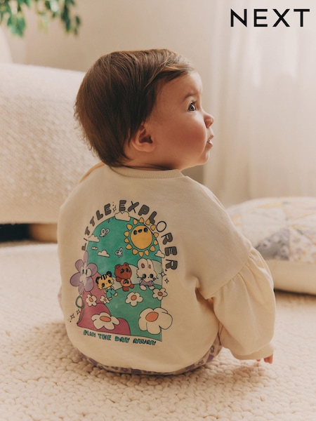 Cream/Lilac Purple Character Graphic Baby Long Sleeve Top & Joggers Set (B56635) | €18 - €21