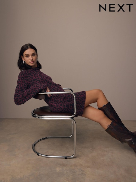 Punainen marja - Leopard Animal Print Long Sleeve Short Knitted Shift Jumper Dress (B56853) | €30