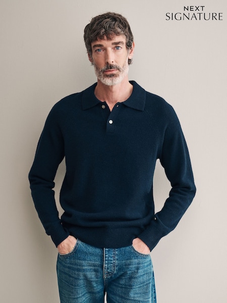 Navy Blue Polo Neck Regular Fit Signature 100% Merino Wool Midweight Jumper (B56944) | €22