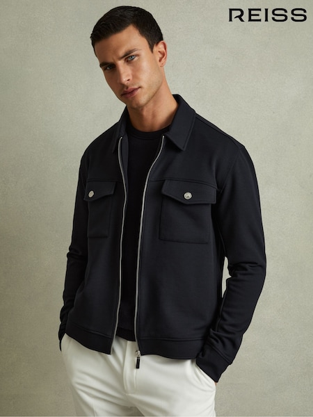 Reiss Navy Blue Medina Interlock Jersey Zip-Through Overshirt (B56989) | €256