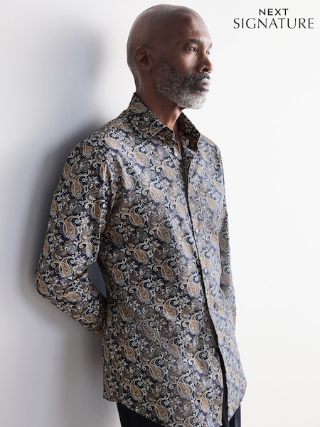 Charcoal Grey Paisley Slim Fit Signature Single Cuff 100% Cotton Formal Shirt (B57032) | 272 QAR