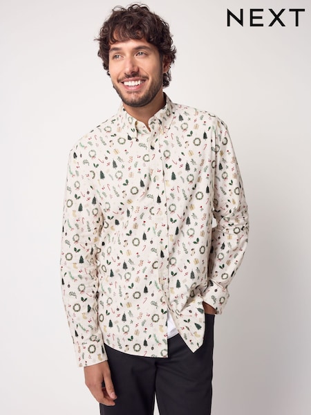 White Wreath Long Sleeve Christmas Print 100% Cotton Oxford Shirt (B57053) | 110 QAR