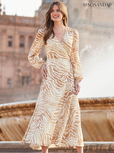 Sosandar Brown Animal Print Blouson Sleeve Wrap Maxi Dress (B57084) | €50