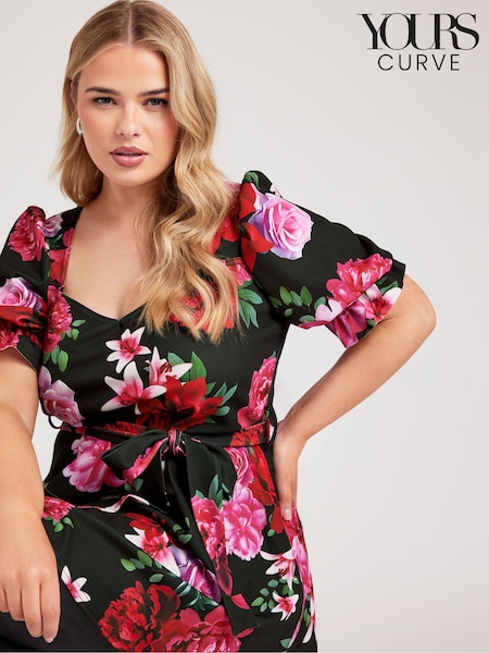 Yours Curve Black Dark Floral Puff Sleeve Peplum Top (B57116) | €24