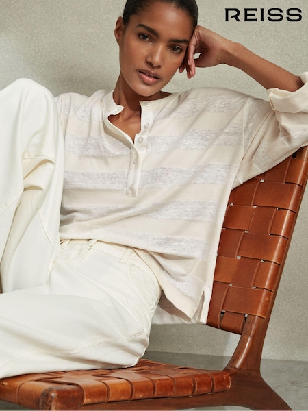 Reiss Neutral/Ivory Olivia Linen-Cotton Striped Henley Top (B57140) | kr1 764