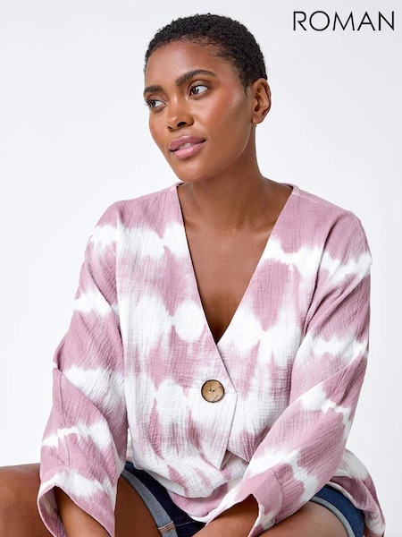 סגול - Roman 100% Cotton Tie Dye Button Detail Top (B57179) | ‏201‏₪