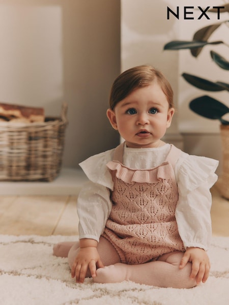 Pink Baby Knitted Romper 100% Cotton Dungarees With Blouse And Tights (0mths-2yrs) (B57266) | AED88 - AED95