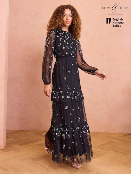 Love & Roses Black Sequin Mesh Polka Dot Tierred Midi Dress (B57318) | 467 QAR
