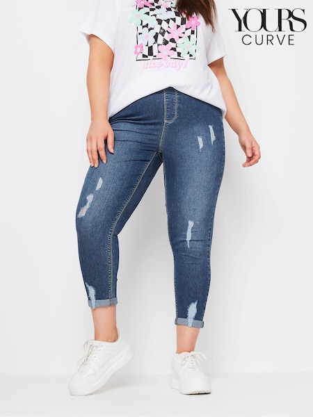 Yours Curve Mid Blue Grace Turn Up Ripped Cropped Jeggings (B57325) | $51