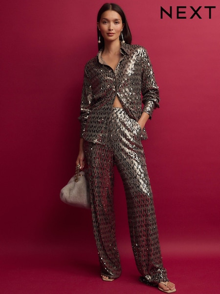Gold Wide Leg Sequin Trousers (B57347) | 103 QAR