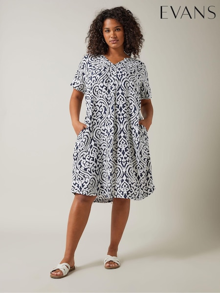 Evans Blue Notch Neck Dress With Pockets (B57407) | 129 LEI