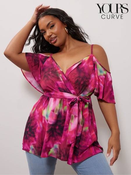 Розовый - Yours Curve YOURS LONDON Curve Navy Blue Floral Print Cold Shoulder Top (B57466) | €56