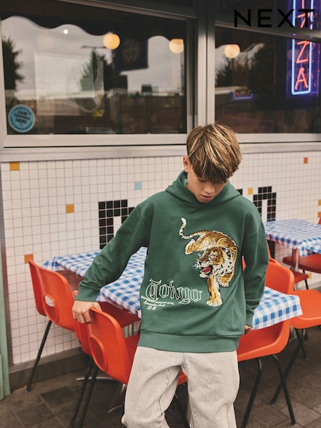 Green 100% Cotton Tokyo Embroidered Tiger Hoodie (3-16yrs) (B57531) | AED21 - AED26