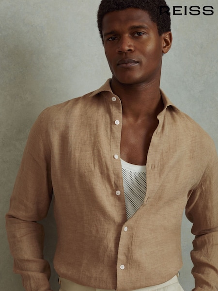 Reiss Camel Ruban Linen Button-Through Shirt (B57554) | €70