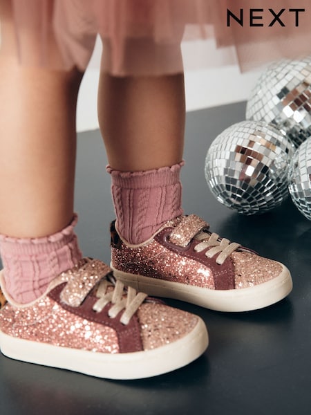 Rose Gold Glitter Standard Fit (F) Elastic Lace Trainers (B57563) | AED67 - AED74