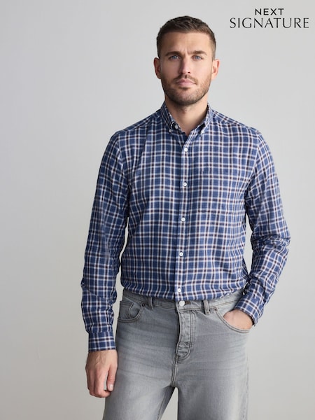 כחול כהה/לבן בז׳ - 100% Cotton Signature Brushed Flannel Check Long Sleeve Oxford Shirt (B57974) | ‏134‏₪