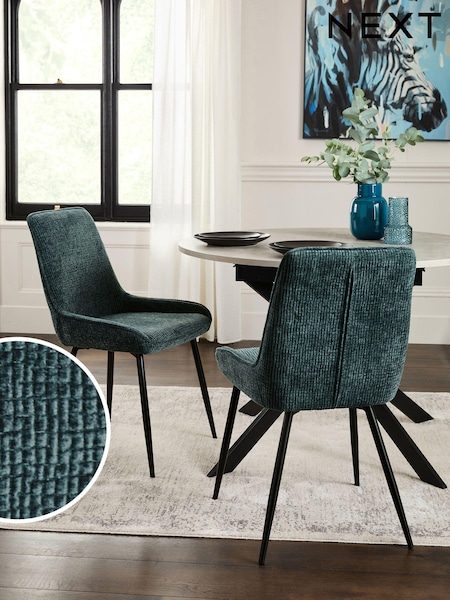 Set of 2 Textured Chenille Dark Slate Teal Hamilton Black Leg Quilted Dining Chairs (B57981) | €330