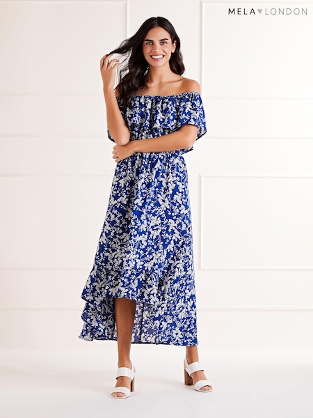 Mela Blue Ditsy Print Bardot Dipped Hem Dress (B58147) | €27
