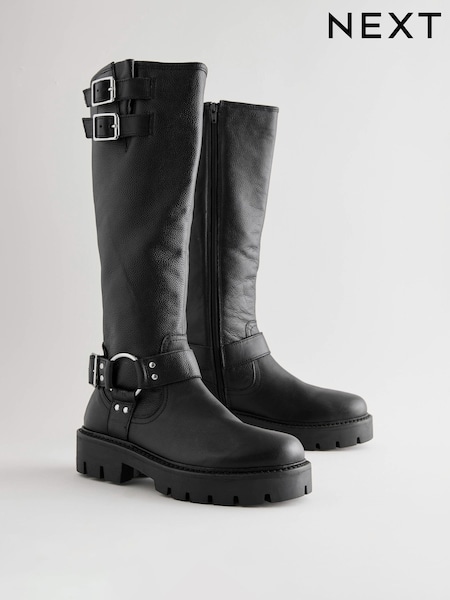 Black Leather Standard/Wide Fit Forever Comfort® Knee High Double Buckle Biker Boots (B58181) | AED164