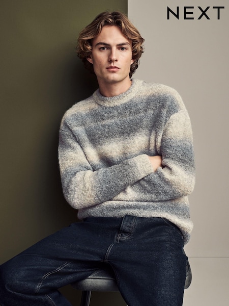 Neutral/Grey Relaxed Fit Bouclé Texture Stripe Crew Jumper with Wool (B58274) | R$ 385